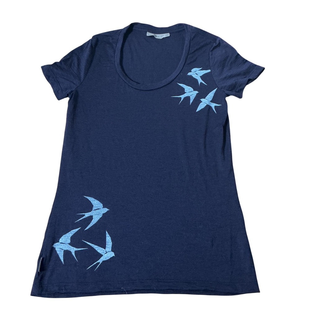 Icebreaker Merino Wool Swallow Bird Graphic Tee Women XS Navy Blue Short Sleeve